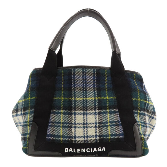 BALENCIAGA Checkered Wool Cabas Tote Bag in Navy Blue - Picture 1 of 11